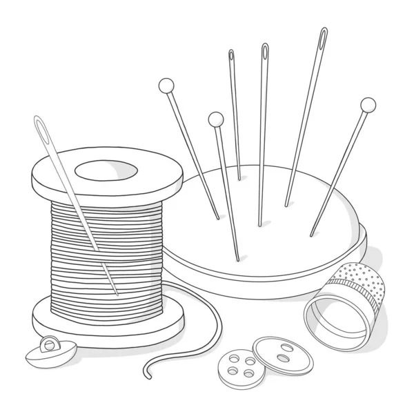 Carretel de linha, botões, dedal e agulhas de costura. Esboço preto sobre um fundo branco . — Vetor de Stock