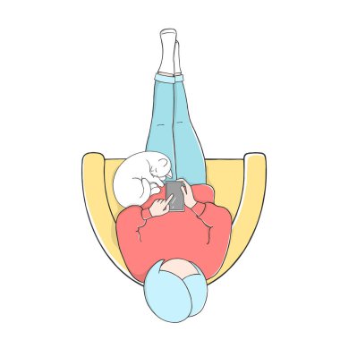 Akıllı telefonlu bir kadın ve sandalyede oturan bir kedi..