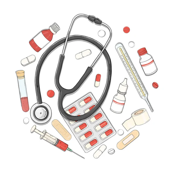 Publicación sobre el tema de la salud. Conjunto con un estetoscopio, medicamentos y comprimidos dispuestos en un círculo. — Vector de stock