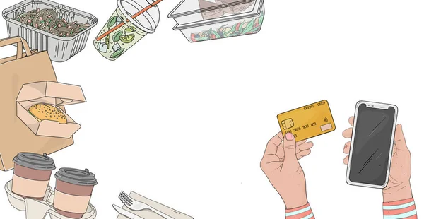 La personne commande des aliments en ligne par téléphone et paie avec une carte de crédit. Modèle. — Image vectorielle