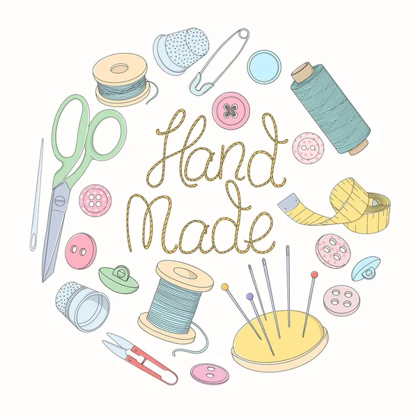 Set with a creative lettering and sewing accessories are arranged in a circle. Vector Graphics