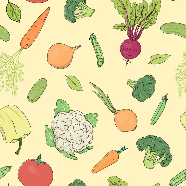 Seamless pattern with vegetables on a yellow background. — Stock Vector