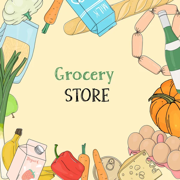 Cadre créatif avec épicerie, légumes et fruits. Espace pour votre texte . — Image vectorielle