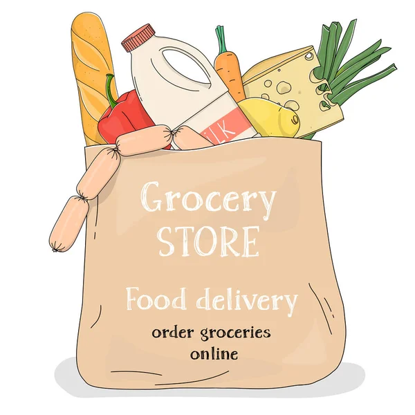 Papírová taška ze supermarketu s potravinami a reklamou. Místo pro text. — Stockový vektor
