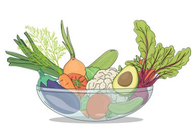 Beyaz arka planda bir çanakta çiftlik sebzeleri.