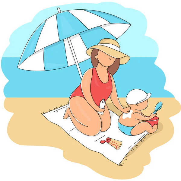 Matka skvrny opalovací krém na své dítě na pláži. — Stockový vektor