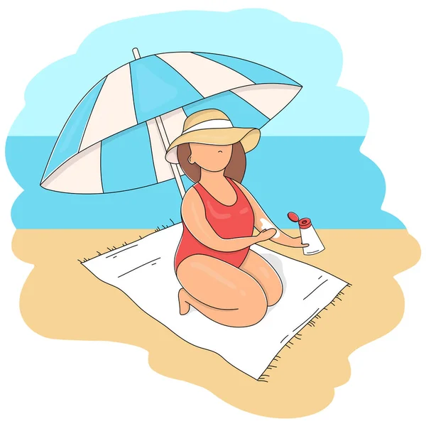 帽子の女性とビーチの傘の下で彼女の体に日焼け止めを塗る. — ストックベクタ