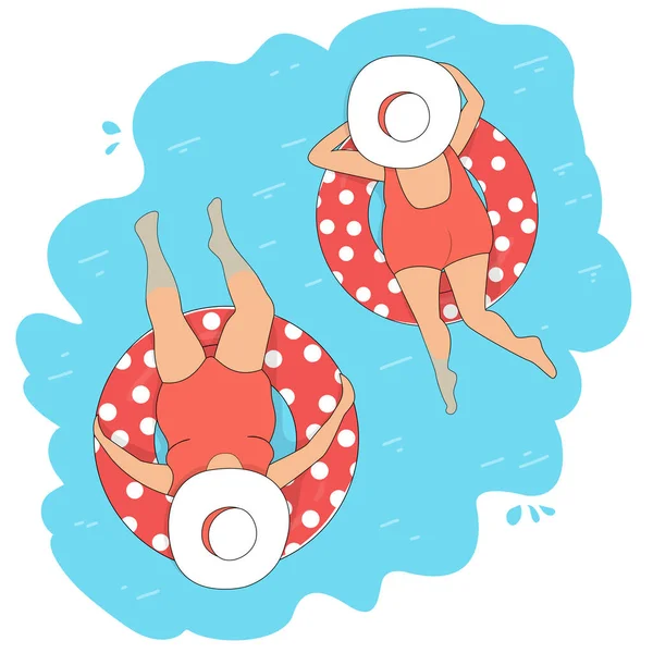 戴帽子的女人在游泳池里的一个充气圆圈上漂浮着.在海滩上度过暑假.彩色矢量插图. — 图库矢量图片