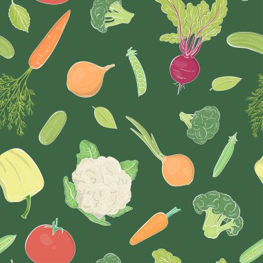 Yeşil arka planda sebzeli kusursuz desen..