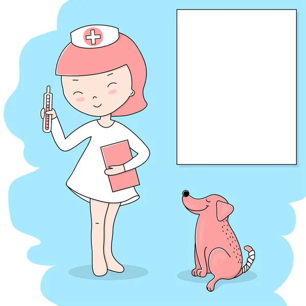 Linda niña en un traje de médicos con un termómetro juega médico y trata a su perro . — Vector de stock