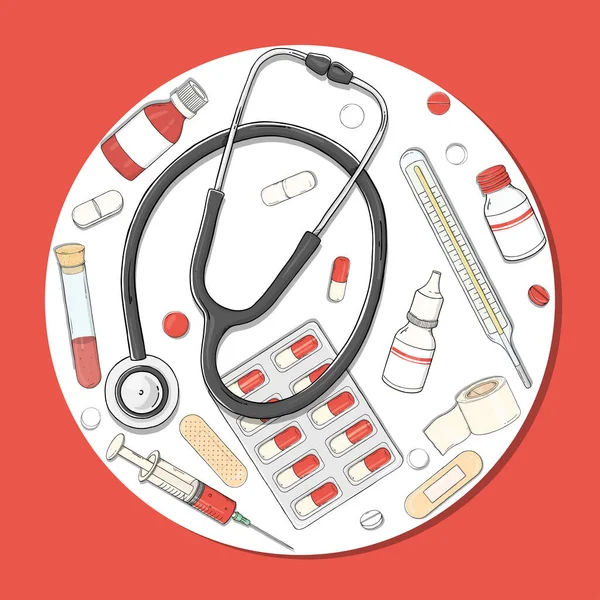 健康をテーマにしたポスター。円形に配置された聴診器、薬、錠剤付きのセット. — ストックベクタ