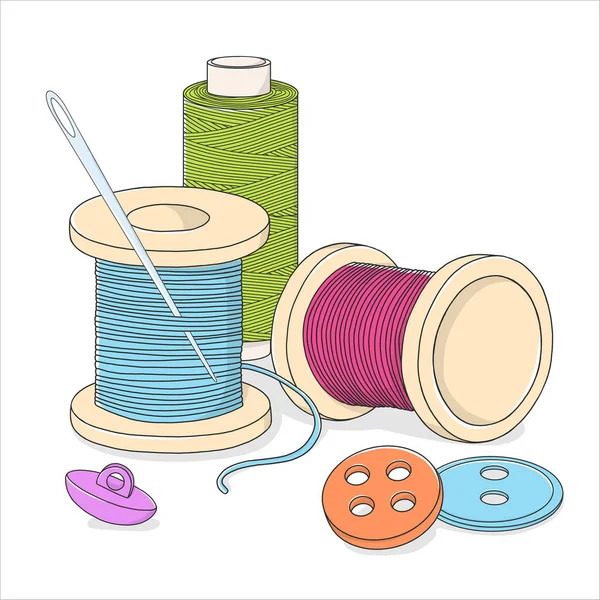 Spools of thread, buttons, and a sewing needle on a white background. Royalty Free Stock Illustrations