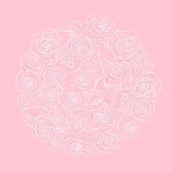 Flores de rosa são dispostas em um círculo. Esboço branco sobre um fundo rosa . — Vetor de Stock