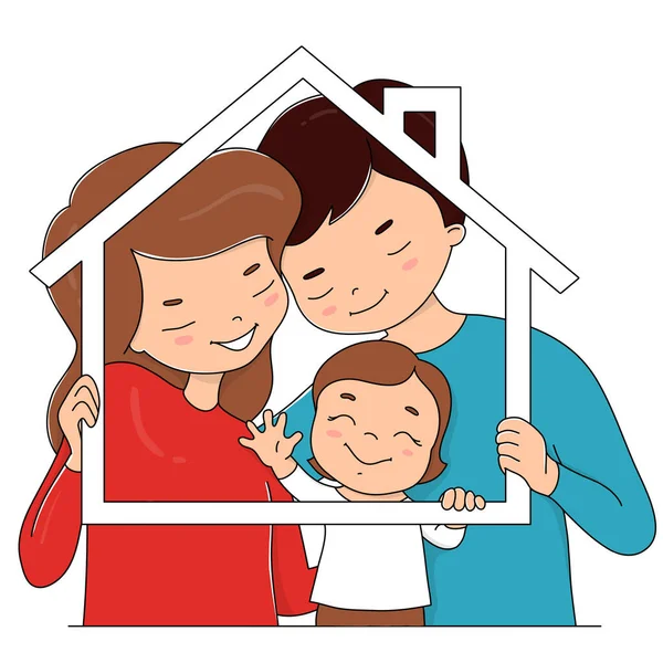 Padre, madre e hijo sostienen un marco en forma de casa . — Archivo Imágenes Vectoriales