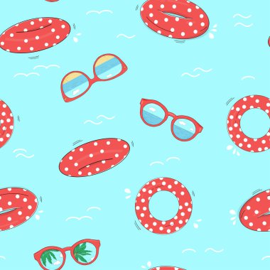 Kırmızı benekli kusursuz desen şişirilebilir yaşam şamandıraları ve güneş gözlüğü..