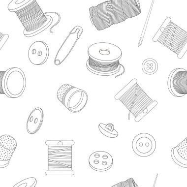 Dikiş aksesuarlarıyla kusursuz desen. Beyaz arkaplanda siyah bir özet.