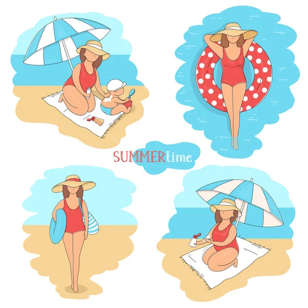 Ensemble avec un thème d'été. Une femme avec écran solaire, un enfant, une bouée de sauvetage gonflable sur la plage . — Image vectorielle