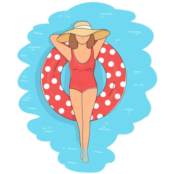 Žena v klobouku plave na nafukovacím kruhu v bazénu. — Stockový vektor