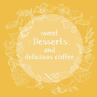 Yuvarlak çerçeveli tatlı, tatlı, kahve ve çay fincanları. Metinleriniz ve reklamlarınız için boşluk.