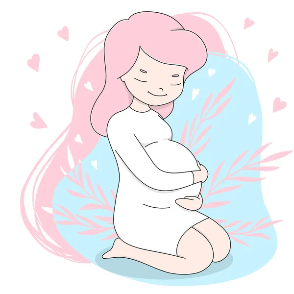 Beautiful young pregnant woman in a white dress sits and gently strokes her belly. — Stock Vector