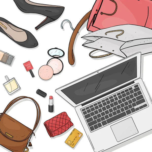 Cosmetica, accessoires, laptop en creditcard op een witte achtergrond. Betaal voor online aankopen via internet. — Stockvector