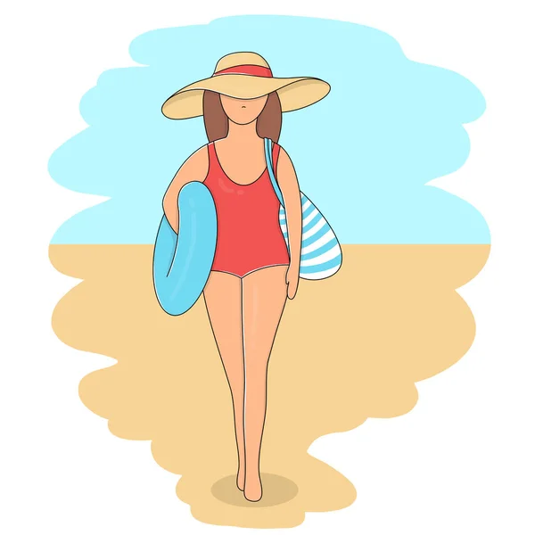 Žena v plavkách s nafukovací bójí na pláži. — Stockový vektor