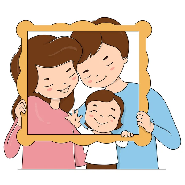 Padre, madre e hijo sostienen un marco de fotos de madera . — Vector de stock