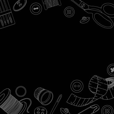 Dikiş aksesuarları ile yaratıcı çerçeve. Siyah arka planda beyaz bir taslak. Şablon.