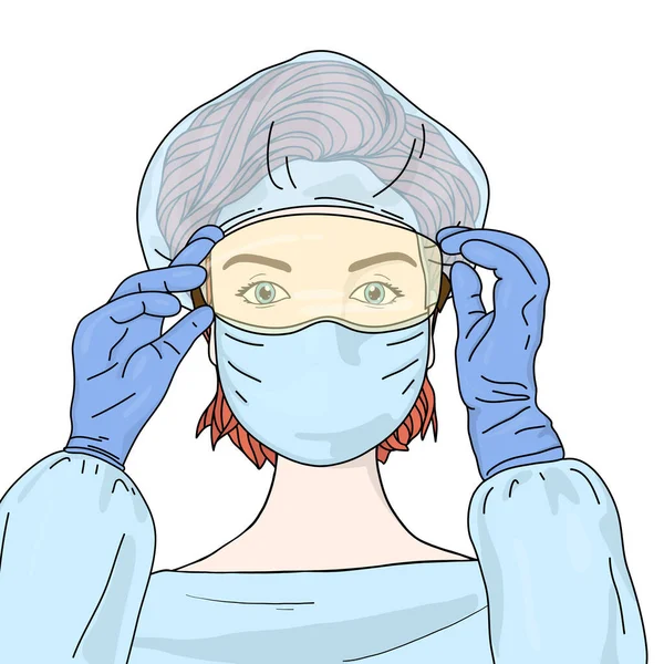 Médico femenino lleva una mascarilla quirúrgica desechable, gorra médica, gafas de seguridad y guantes de goma . — Archivo Imágenes Vectoriales
