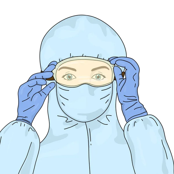 Médica feminina usa uma máscara facial cirúrgica médica descartável, óculos de segurança, luvas de borracha e um terno protetor . —  Vetores de Stock