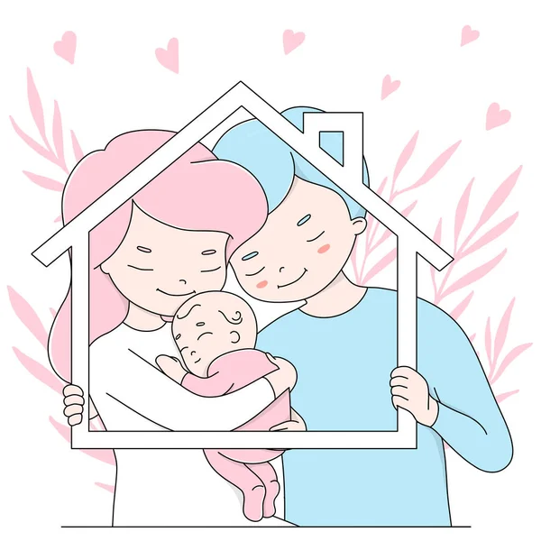 Padre, madre e neonato tengono una cornice a forma di casa . — Vettoriale Stock