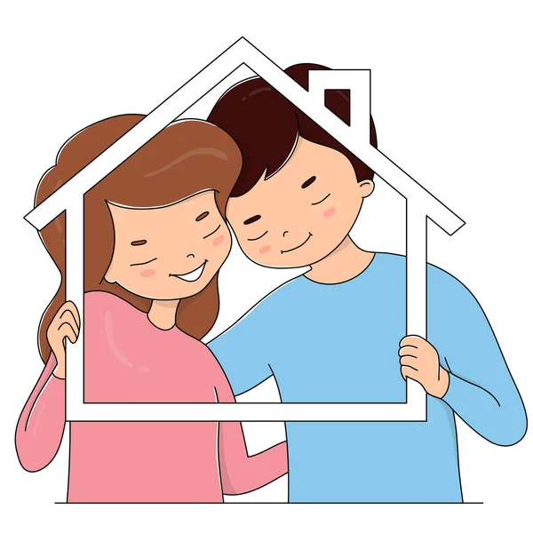 Una pareja amorosa. Un hombre y una mujer sostienen un marco en forma de casa . — Vector de stock