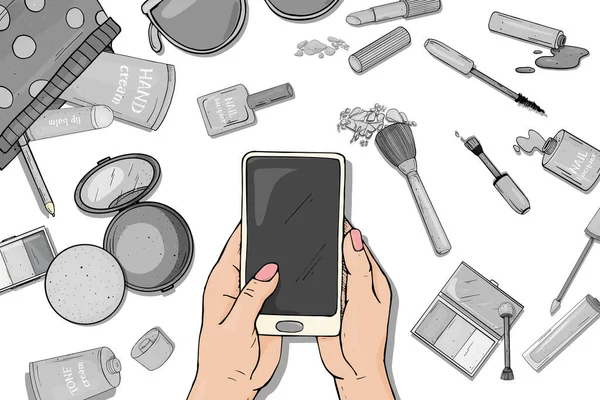 Manos con un teléfono inteligente y artículos de cosméticos para mujer. Ilustración vectorial en blanco y negro . — Vector de stock