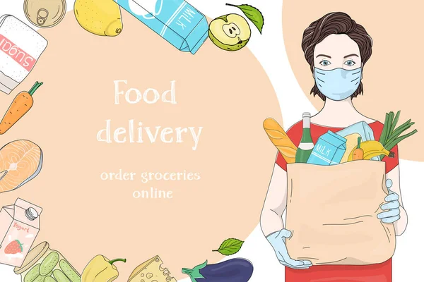 Женщина в маске и перчатках носит бумажный пакет из супермаркета с продуктами. Доставка продуктов питания . — стоковый вектор