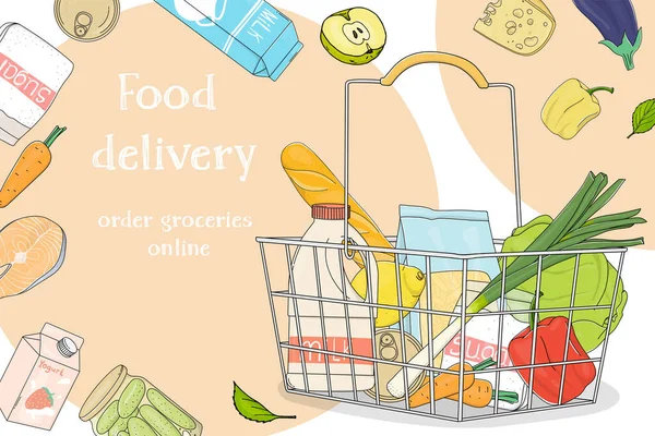 Cartel publicitario con una cesta de un supermercado con supermercado. Plantilla . — Vector de stock