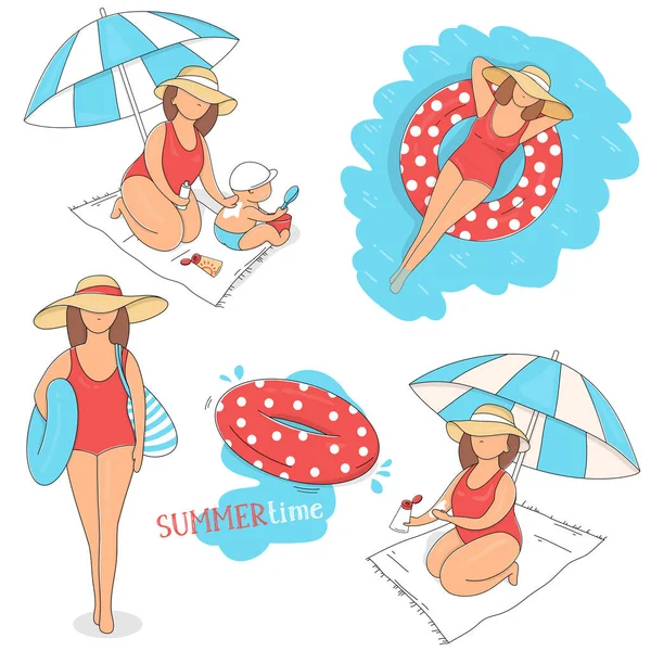Conjunto con una mujer en un traje de baño rojo en un tema de verano. Ilustraciones vectoriales coloridas sobre fondo blanco . — Archivo Imágenes Vectoriales