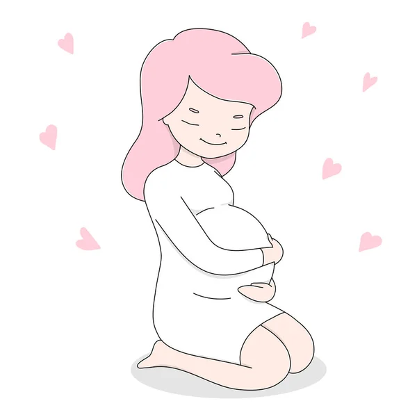 A young pregnant woman in a white dress sits and gently strokes her belly. The theme of motherhood. — Stock Vector