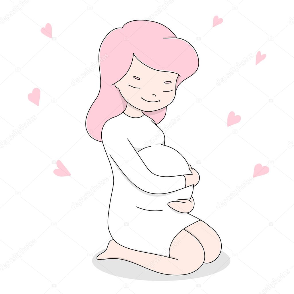 A young pregnant woman in a white dress sits and gently strokes her belly. The theme of motherhood.