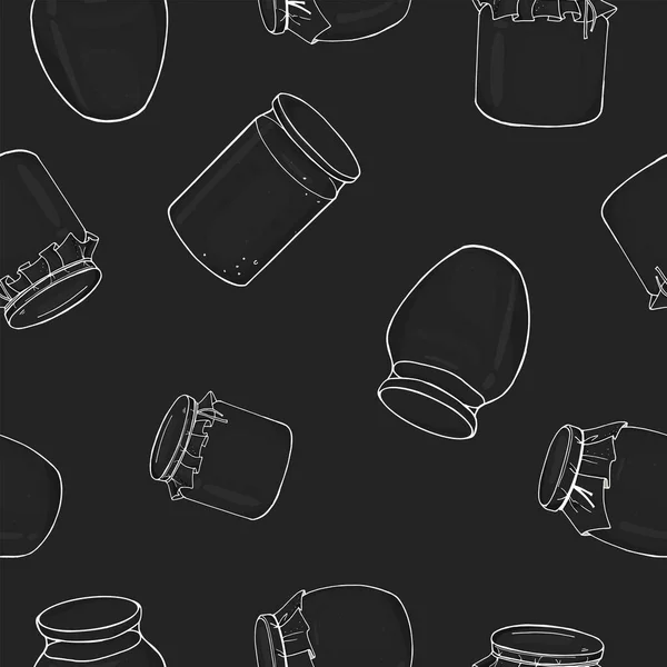 Modèle sans couture avec des pots de confiture en verre. contour blanc sur fond noir . — Image vectorielle