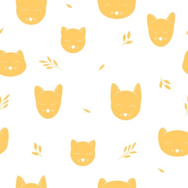 Beyaz arka planda altın rengi şirin kedi başlarıyla kusursuz desen..