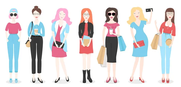 Set with fashionable women.Young women in different clothes and different hairstyles. — Stock Vector