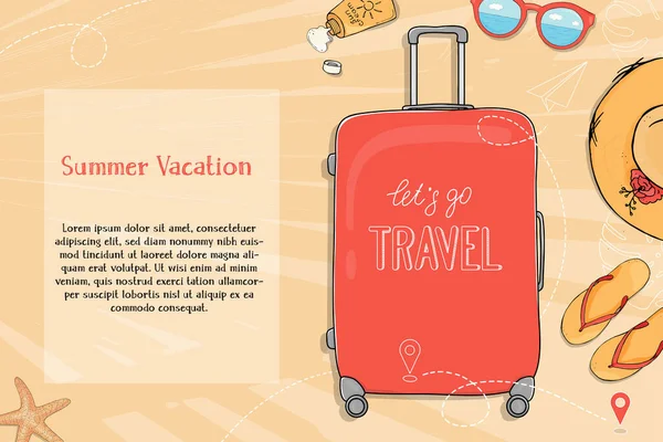 Affiche sur le thème des voyages d'été, des loisirs et de l'aventure. Une grande valise sur roues et accessoires d'été sur fond de sable de plage. Dessiné à la main. Modèle de modèle . — Image vectorielle