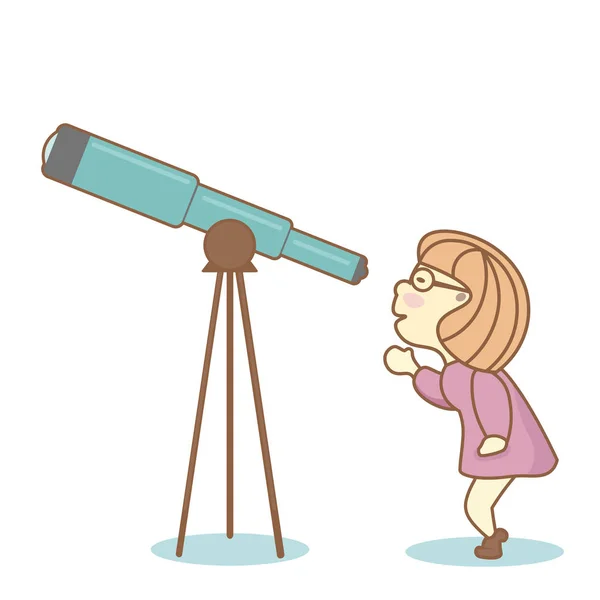 Ragazza curiosa, accovacciata, guardando attraverso un telescopio qualcosa di interessante — Vettoriale Stock