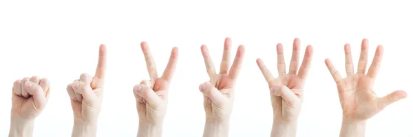 มือชายผิวขาวแสดงตัวเลข 0 ถึง 5 — ภาพถ่ายสต็อก
