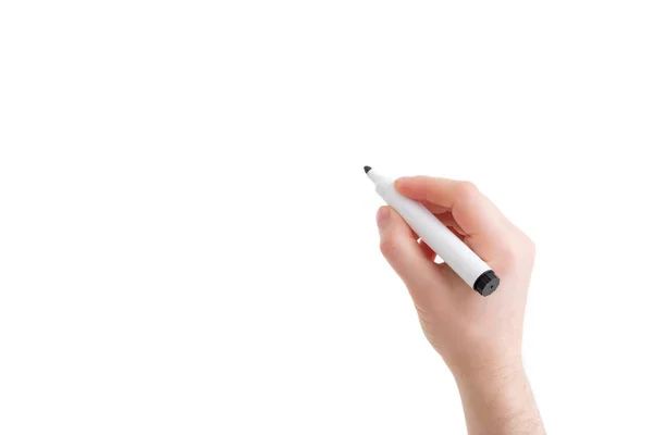Homem escrevendo em fundo branco com marcador — Fotografia de Stock