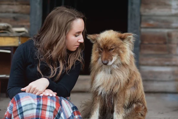 Menina europeia e um cão pastores fofos . — Fotografia de Stock