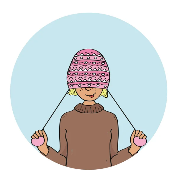 Portrait of young pretty funny smiling girl in cold weather dressed in sweater and warm hat. — Stock Vector
