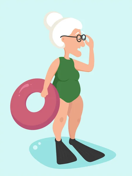 Una anciana con un traje de baño y una boya salvavidas está de pie y sorprendentemente ajustando sus gafas . — Vector de stock