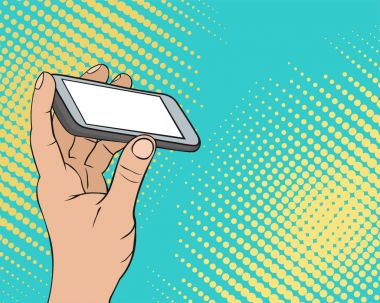 Pop art boşaltmak arka plan beyaz erkek el boş ekran ile bir akıllı telefon tutarak ile