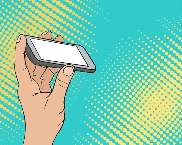 Pop art boşaltmak arka plan beyaz erkek el boş ekran ile bir akıllı telefon tutarak ile
